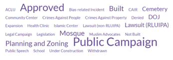 Word cloud showing most popular words in the project: approved, public campaign, mosque, and others